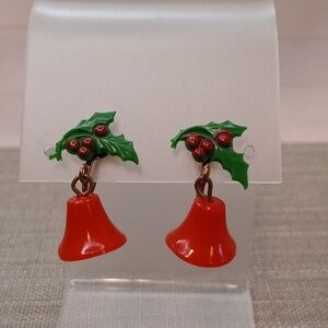 Vintage Plastic Christmas Red Bells Holly Screw Back Earrings
